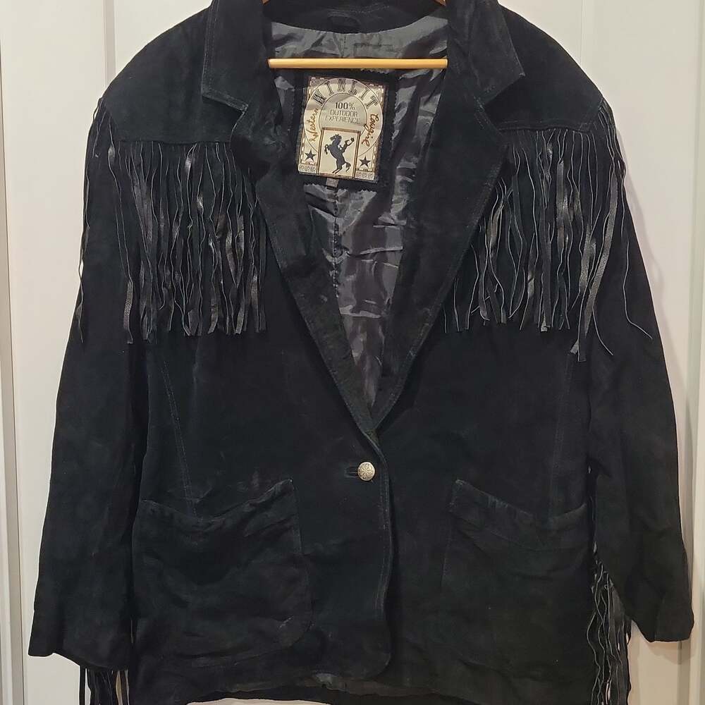 Vintage Winlit Black Suede Western Fringe Cowgirl Leather Jacket